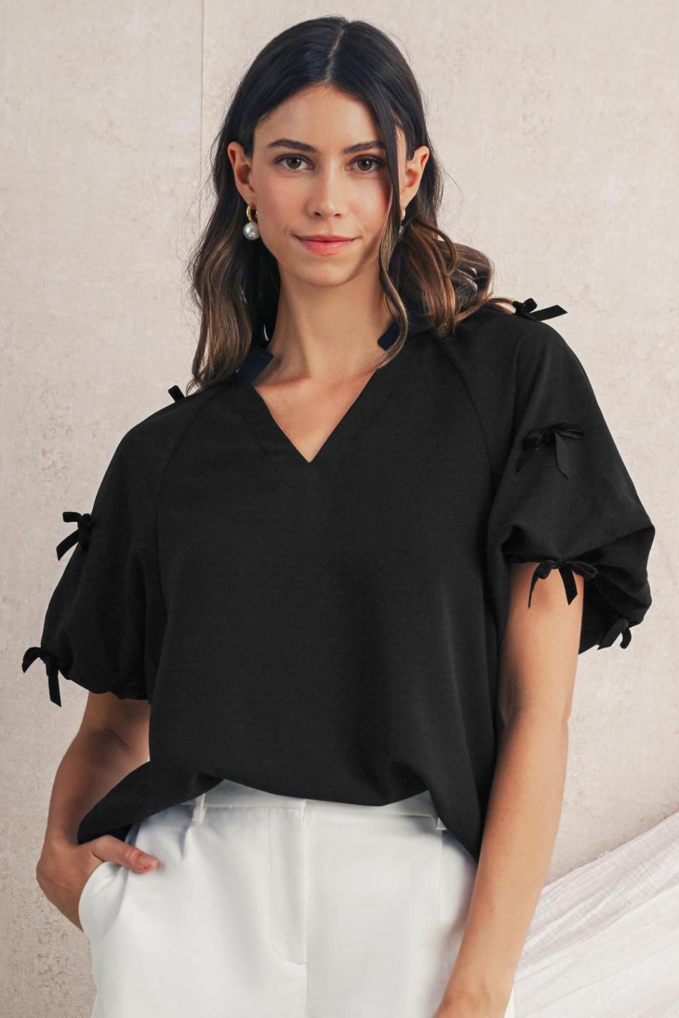 Black V Neck Bow Detail Puff Sleeve Blouse | Women Blouses
