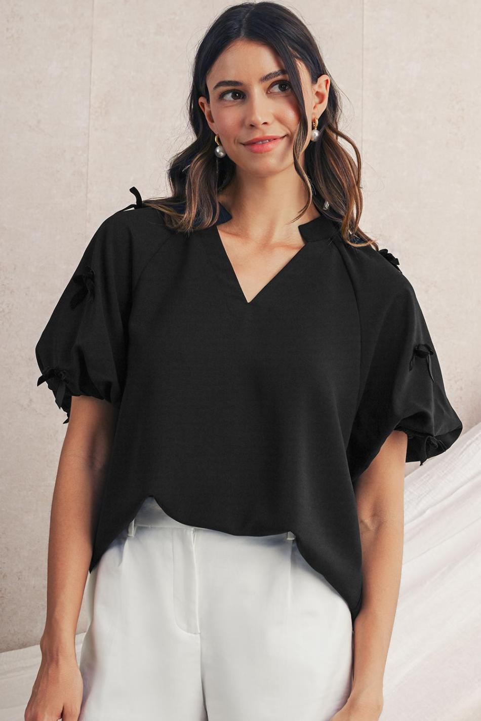 Black V Neck Bow Detail Puff Sleeve Blouse | Women Blouses