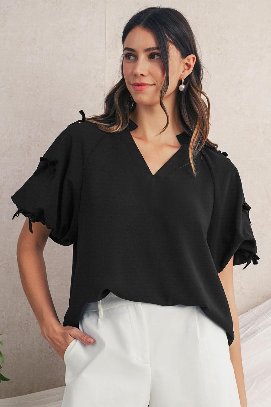 Black V Neck Bow Detail Puff Sleeve Blouse | Women Blouses