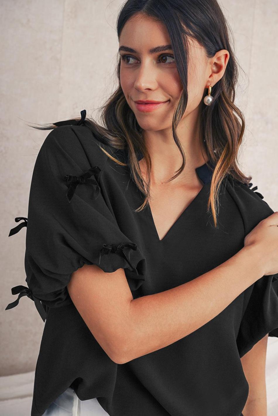 Black V Neck Bow Detail Puff Sleeve Blouse | Women Blouses