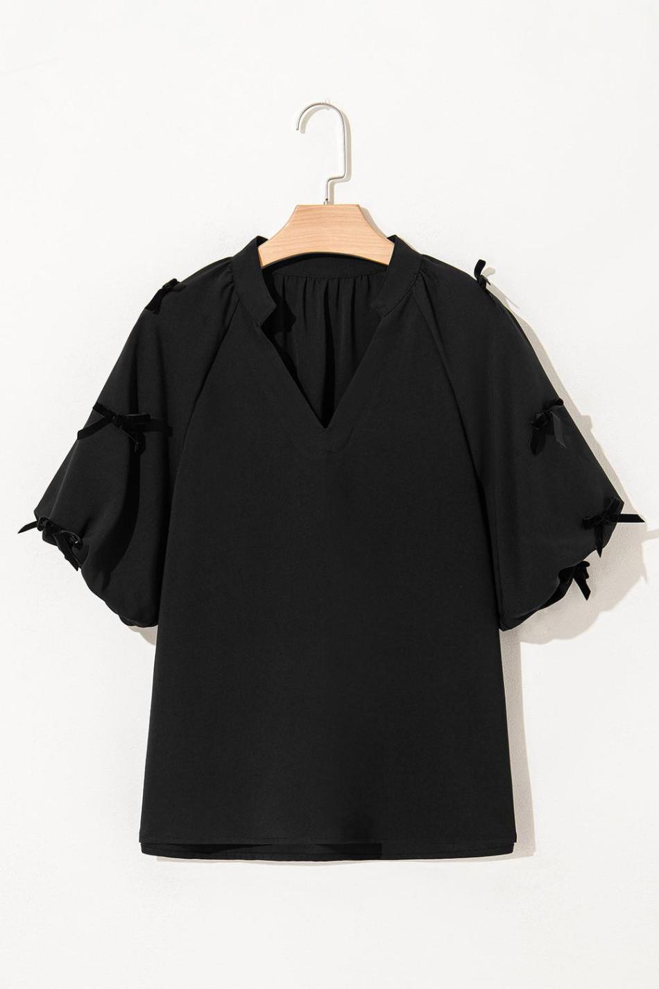 Black V Neck Bow Detail Puff Sleeve Blouse | Women Blouses