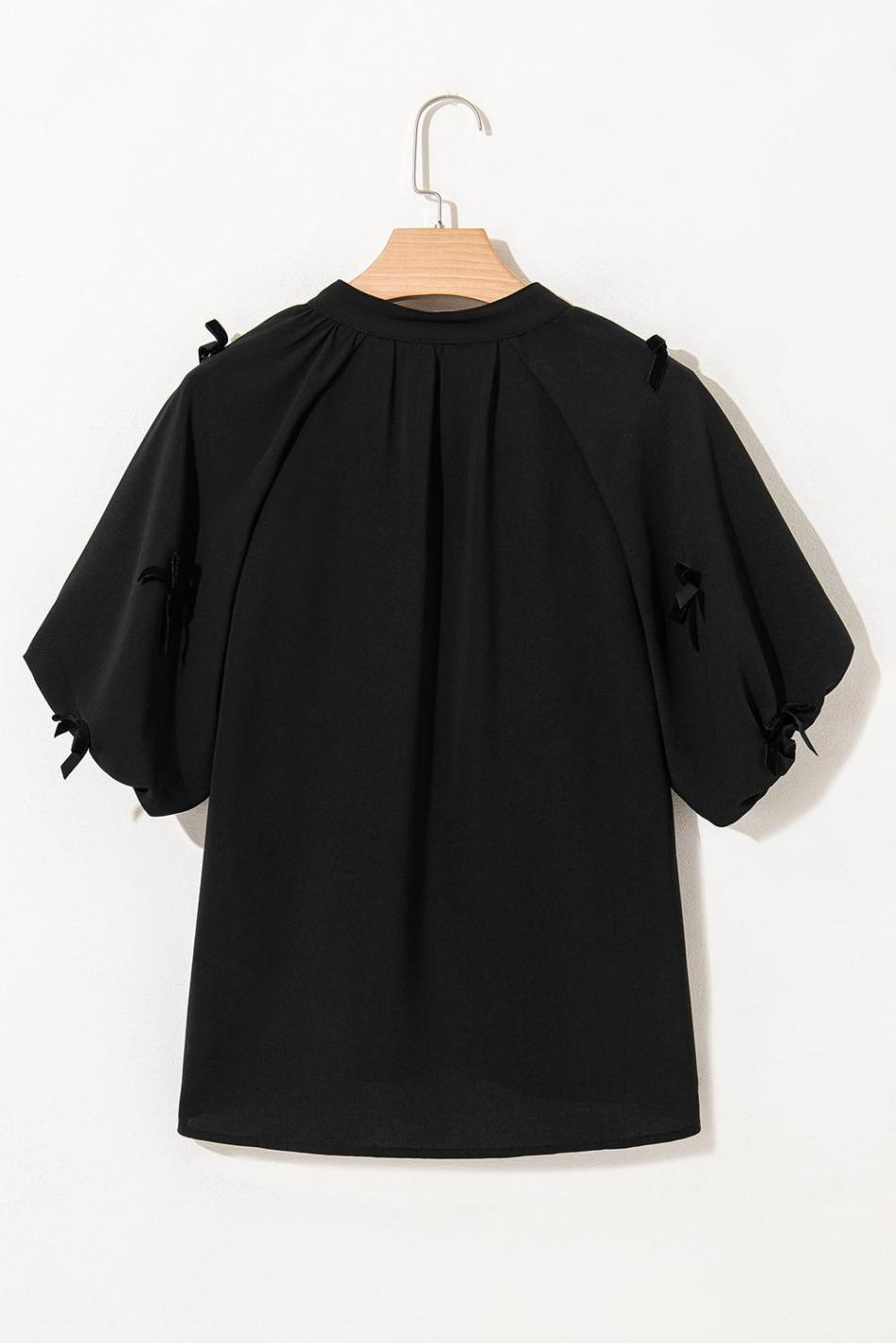 Black V Neck Bow Detail Puff Sleeve Blouse | Women Blouses