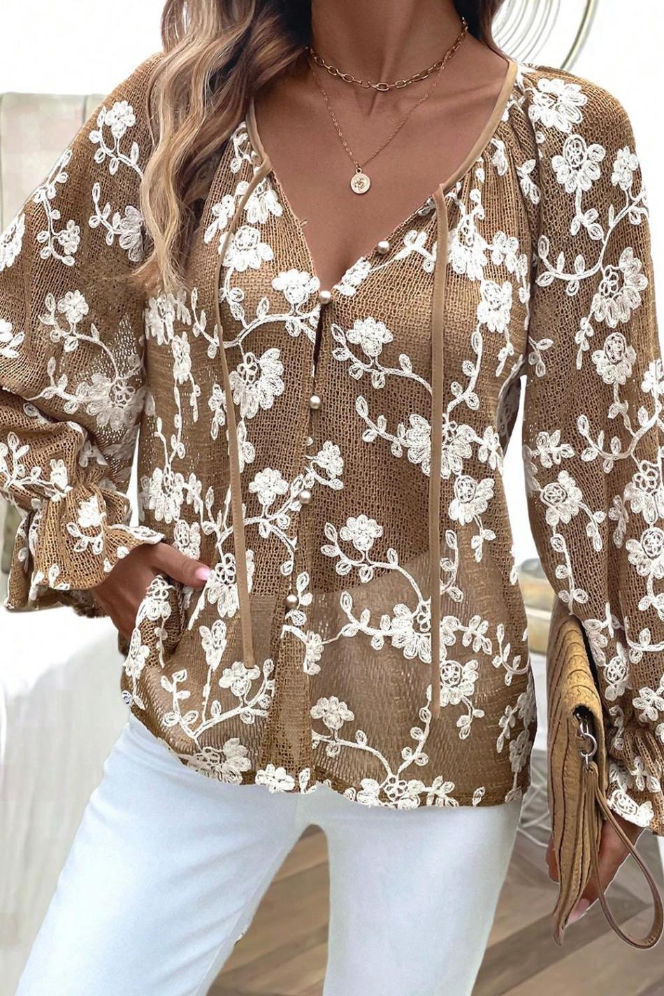 Dark Khaki Floral Applique V Neck Hollow Knit Top | Women Knit Tops