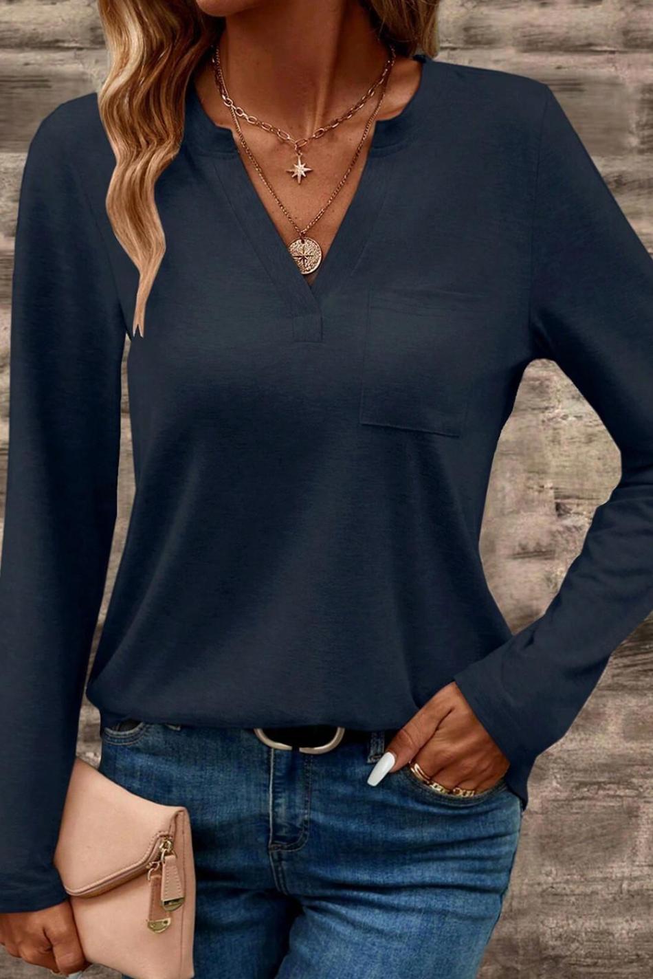 Dirty Blue Pocketed Notch V Neck Plain Top | Women Long Sleeve Tops