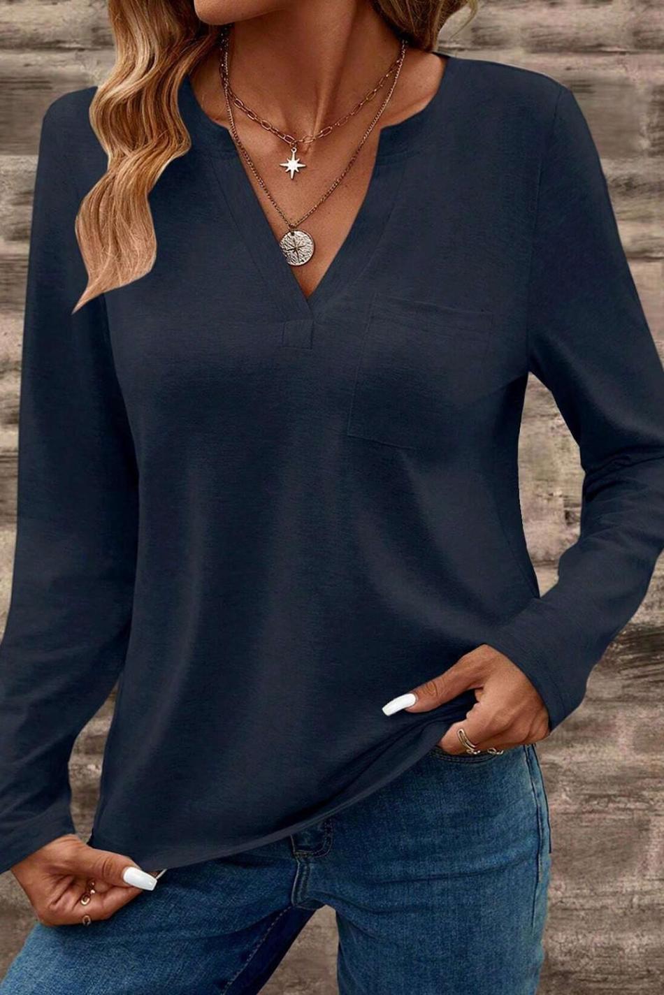 Dirty Blue Pocketed Notch V Neck Plain Top | Women Long Sleeve Tops