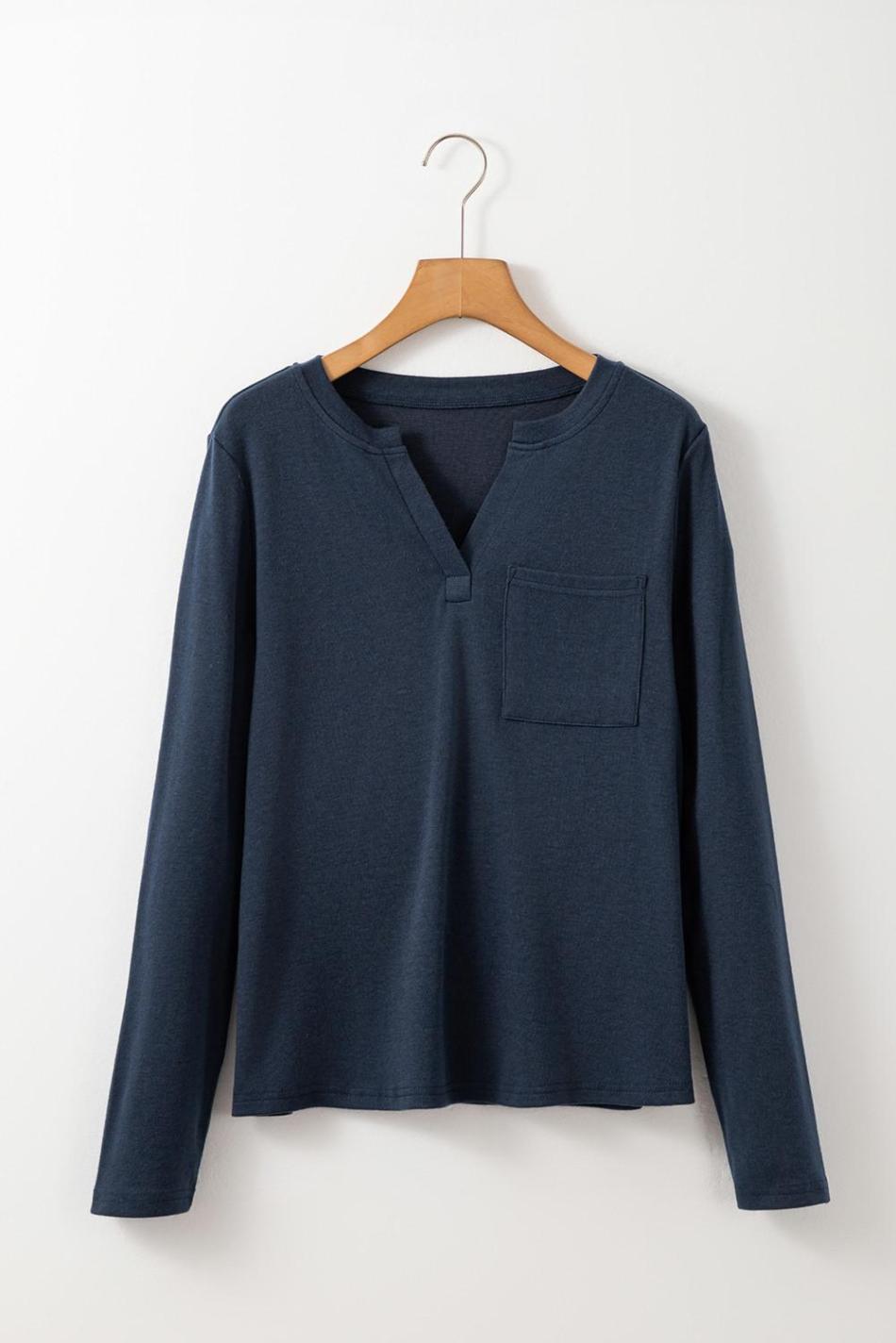 Dirty Blue Pocketed Notch V Neck Plain Top | Women Long Sleeve Tops
