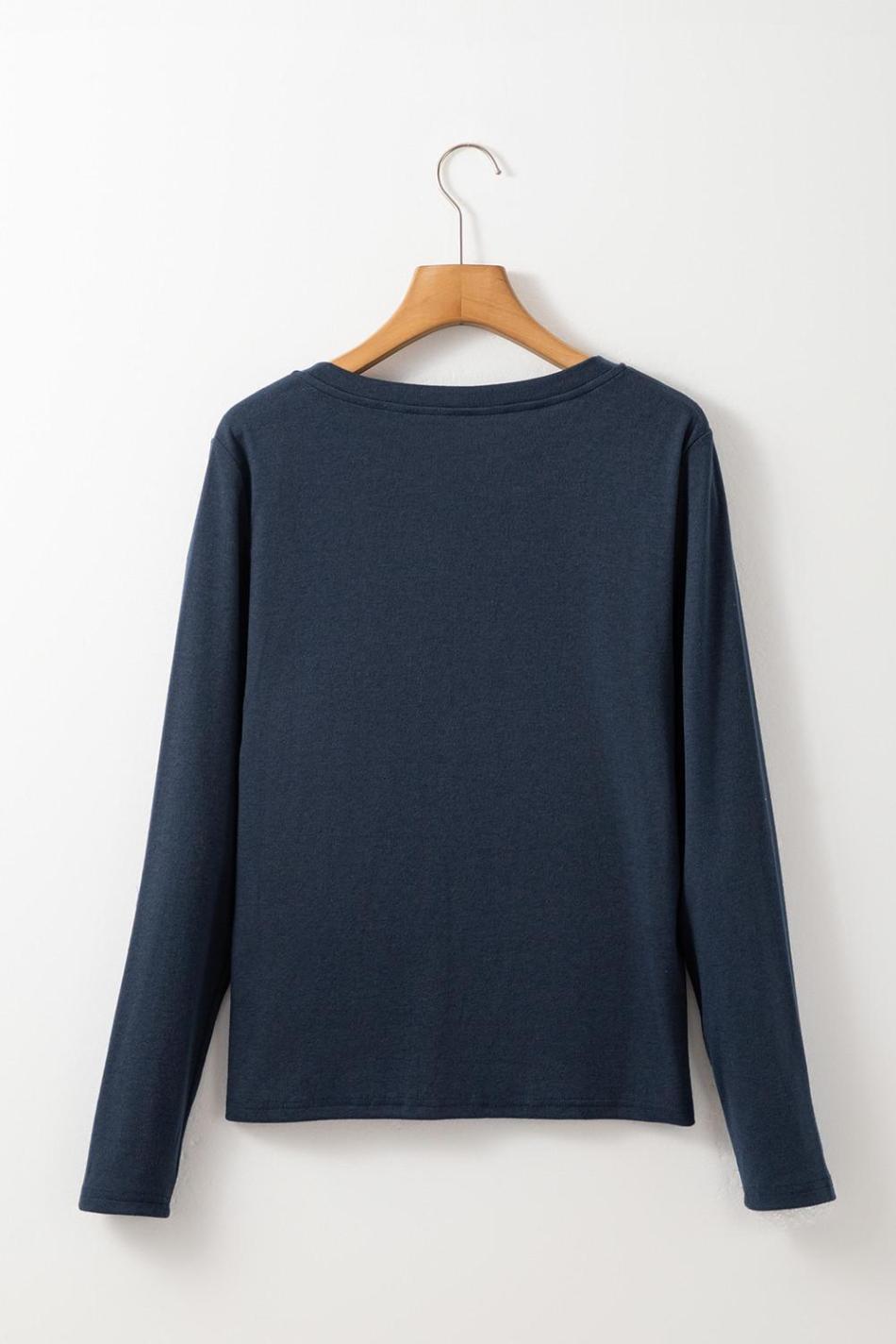 Dirty Blue Pocketed Notch V Neck Plain Top | Women Long Sleeve Tops