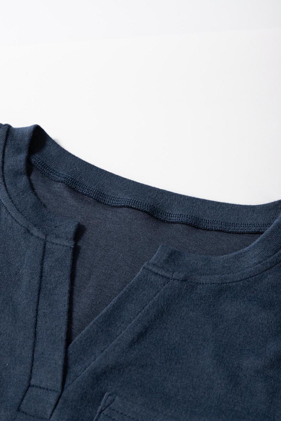 Dirty Blue Pocketed Notch V Neck Plain Top | Women Long Sleeve Tops