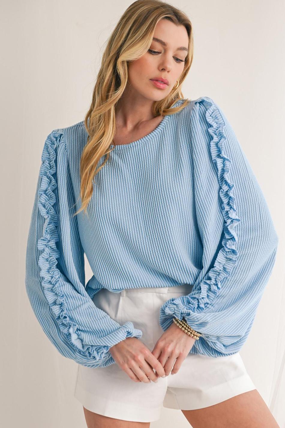 Mist Blue Corded Frill Detail Puff Sleeve Top | Women Long Sleeve Tops