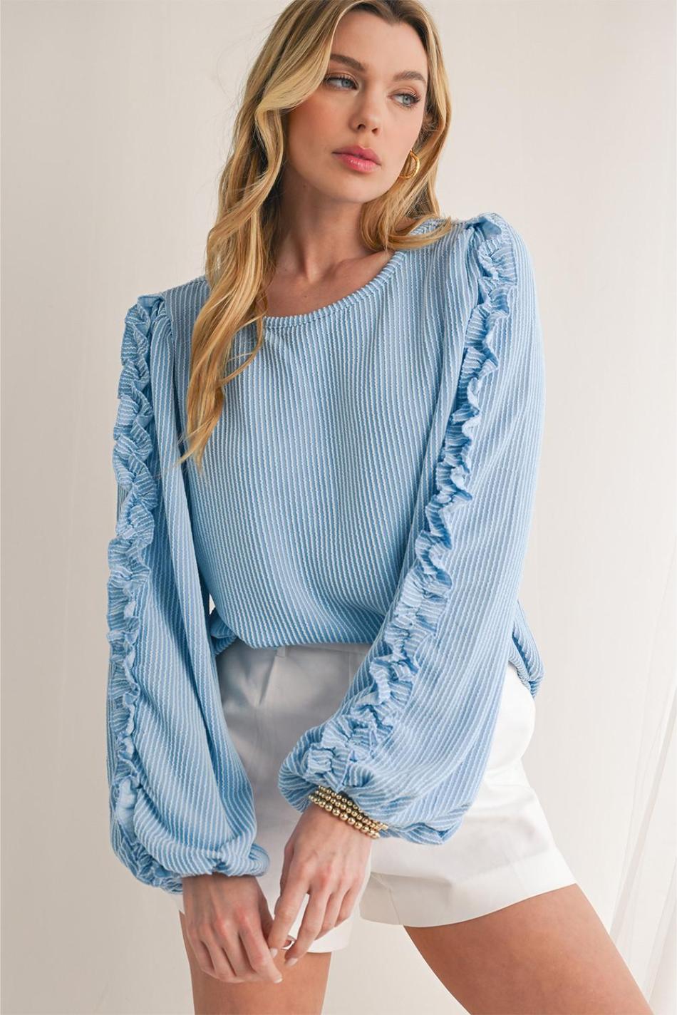 Mist Blue Corded Frill Detail Puff Sleeve Top | Women Long Sleeve Tops