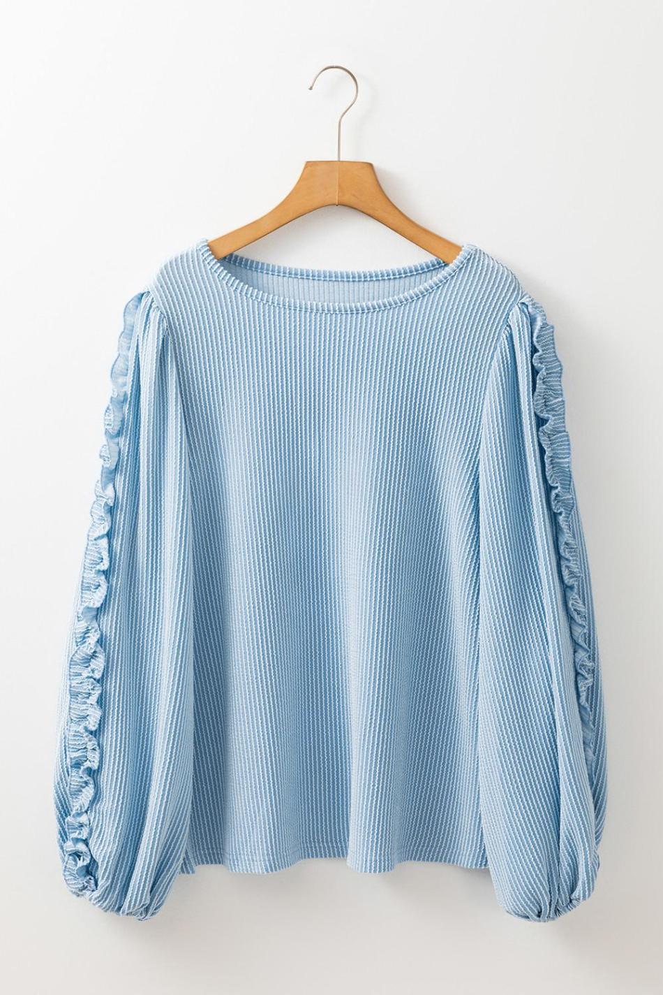 Mist Blue Corded Frill Detail Puff Sleeve Top | Women Long Sleeve Tops