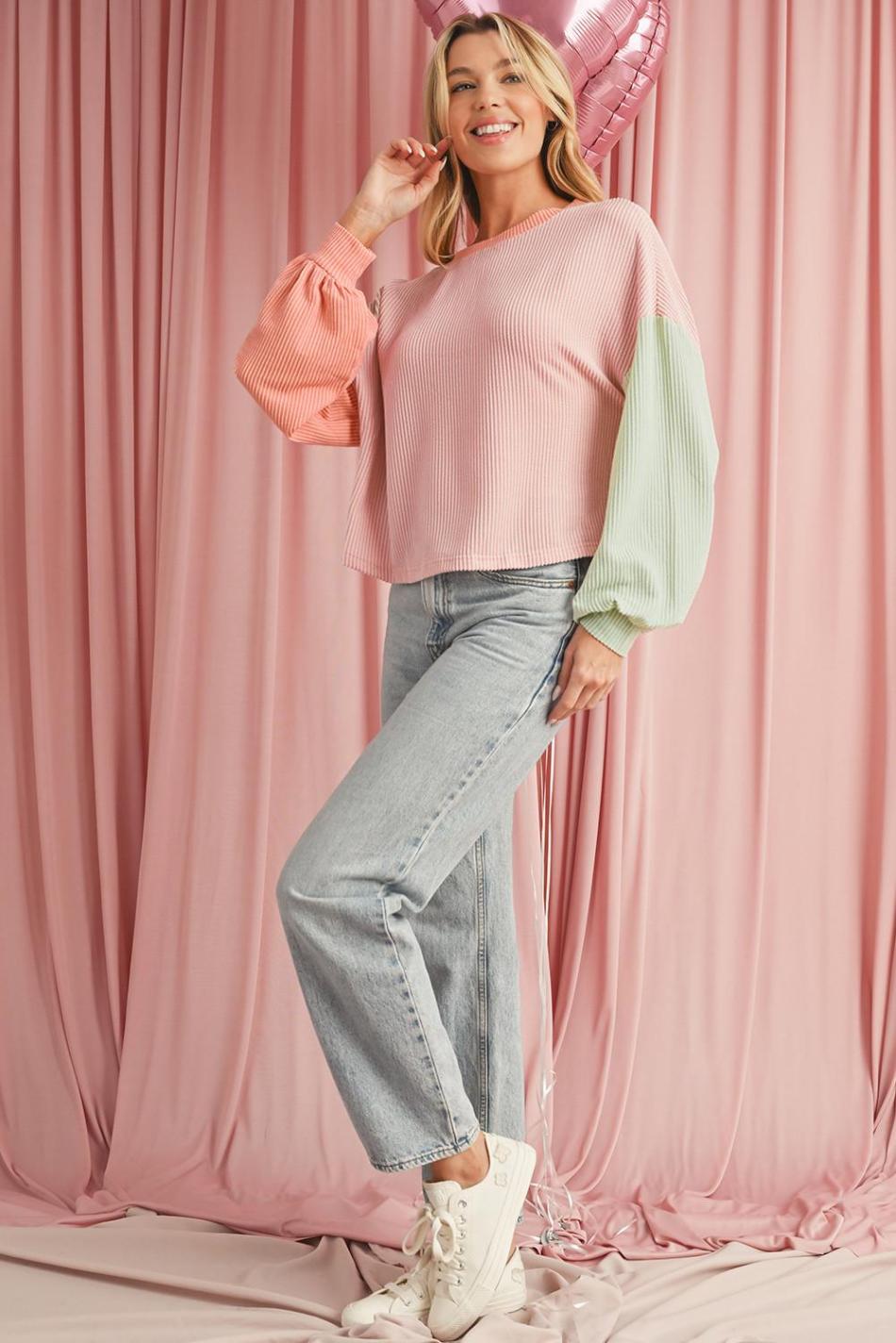 Multicolour Corded Colorblock Patchwork Drop Shoulder Long Sleeve Top | Women Long Sleeve Tops