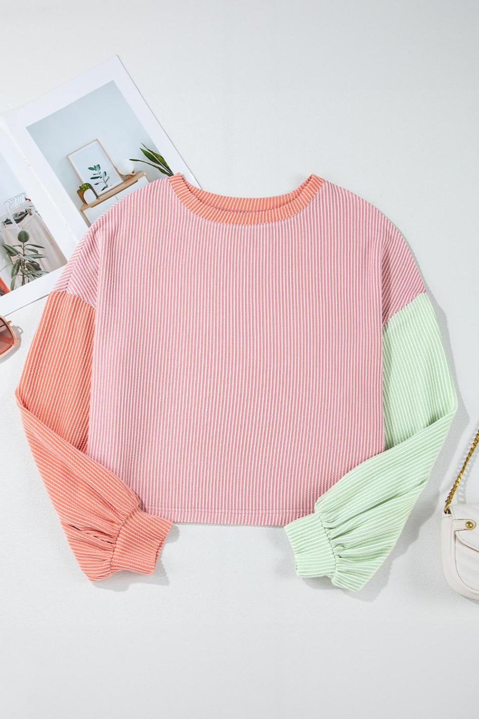 Multicolour Corded Colorblock Patchwork Drop Shoulder Long Sleeve Top | Women Long Sleeve Tops