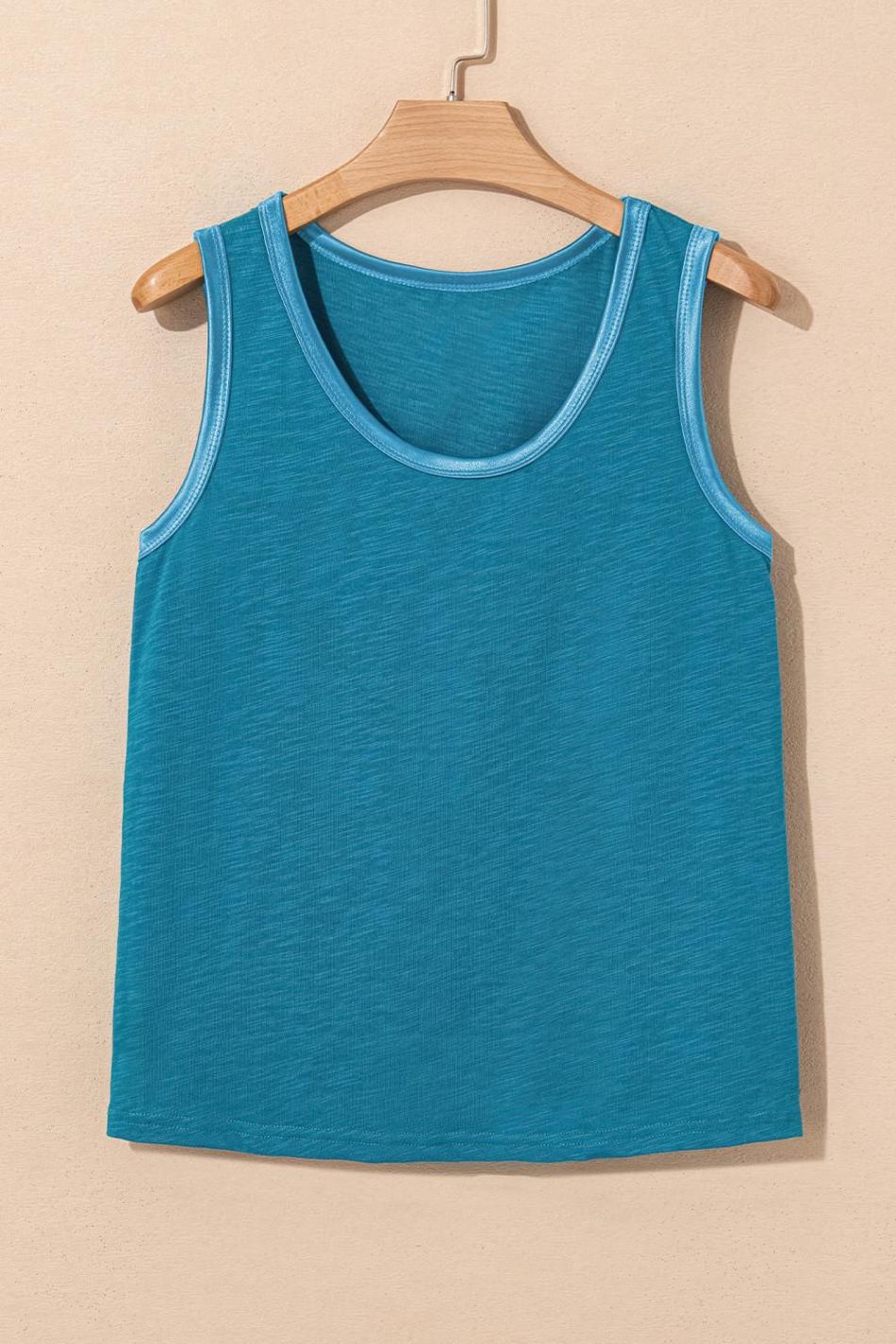 Peacock Blue Contrast Trim Round Neck Tank Top | Women Sleeveless Tops
