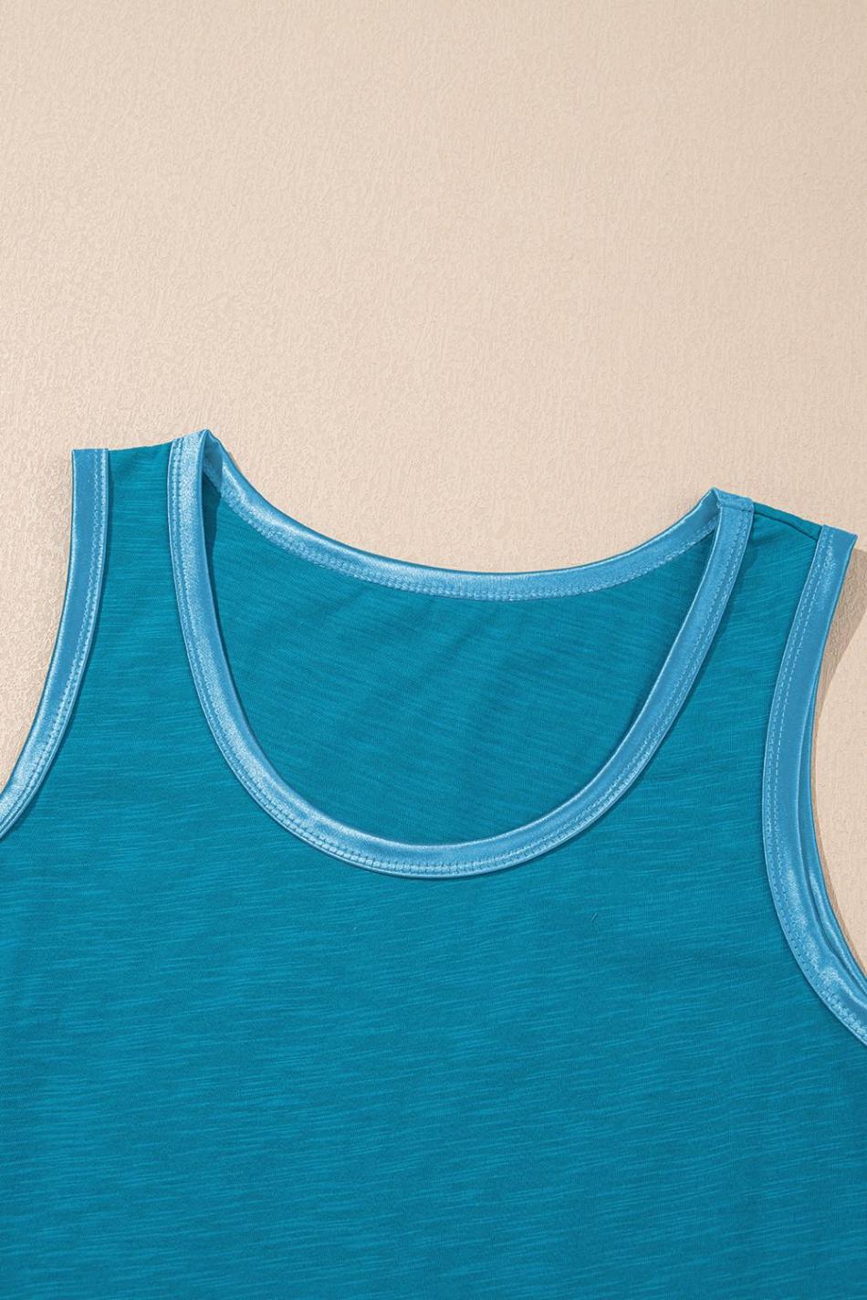 Peacock Blue Contrast Trim Round Neck Tank Top | Women Sleeveless Tops